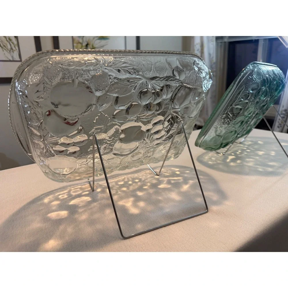 Vintage Libbey Orchard Fruit Baking Dish Set Clear Green Glass Oven Proof 2pc
